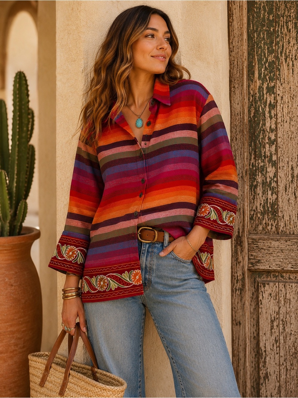 TanTrums XL Rainbow Stripe Embroidered Cotton Button Down Boho Shirt